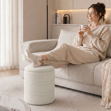 Pouf de Rangement en Chenille avec Couvercle, Tabouret Rond pour Salon et Chambre, Beige (1/5)