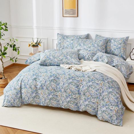 Bettwäsche 200x200 cm Baumwolle Blumen Blau 3-teilig mit Reißverschluss