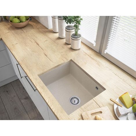 Évier de cuisine en granit Salix 56 × 46 cm sous plan blanc avec distributeur et siphon (1/5)