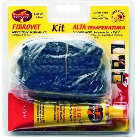 guarnizione in fibra di vetro best fire "kit fibrovet" con corda 1,5 mt, diametro 12 mm e tubetto silicone nero da 75 gr
