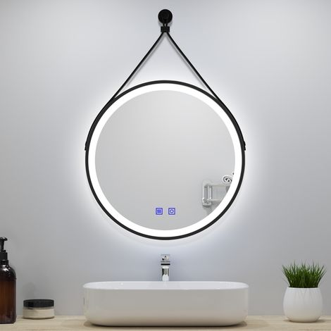 Black Framed Round LED Bathroom Mirror with Removable Belt, Dimmable 3 Colour Memory Demister Touch/Wall Switch 800mm (1/5)