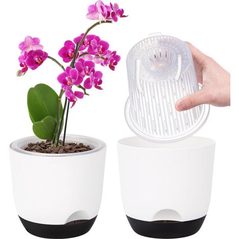 2er-Set Orchideentopf 14,7cm, Selbstbewässerung mit Übertopf, Weiß (1/5)