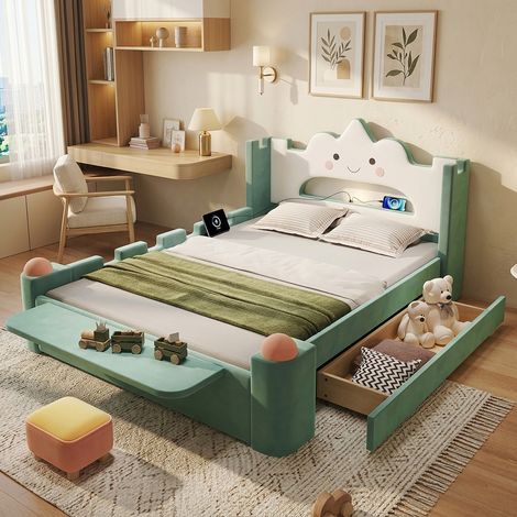 Lit pour enfant Polsterbett 140x200 cm, lit nuage avec veilleuse LED et port USB, tiroir de rangement montable à gauche ou à droite, pouf, tablette rabattable, barrière de protection, revêtement velou (1/5)