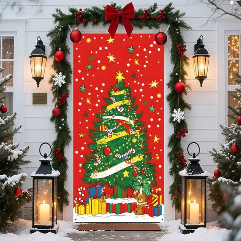 Décorations de Noël 2026 - Bannières, nœuds, décorations de Noël, rideaux de porte - 90 x 190 cm (taille élastique) - QL-29