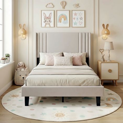Letto singolo 90x200 cm - Letto imbottito in lino con testiera trapuntata e rete a doghe - Letto per ragazzi 1 piazza - Beige