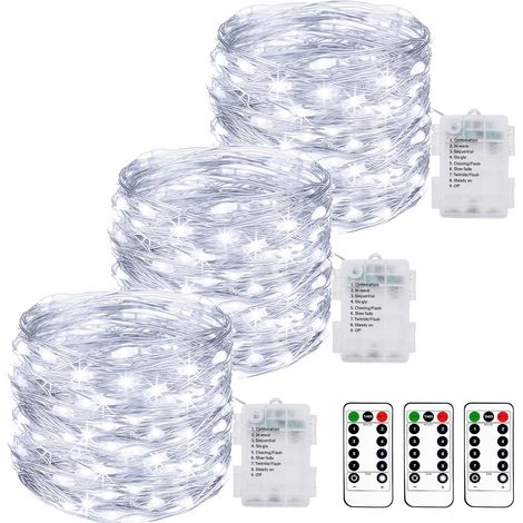 Guirnalda de luces LED a pilas de 3 m, 100 LED, con mando a distancia, 8 modos de temporizador, IP65, resistente al agua, ideal para interiores y exteriores, dormitorio, decoración navideña, color bla (1/5)