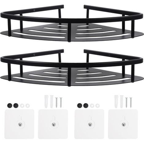 Étagère d'angle de salle bain en aluminium noir, sans perçage, support triangulaire stable avec 2 (1/5)