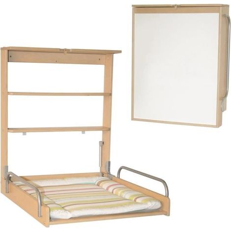 Wandklappwickeltisch - ROBA - DSCHUNGELBABY - Bunt gestreifte Matratze inklusive - 2 integrierte Regale - Naturholz