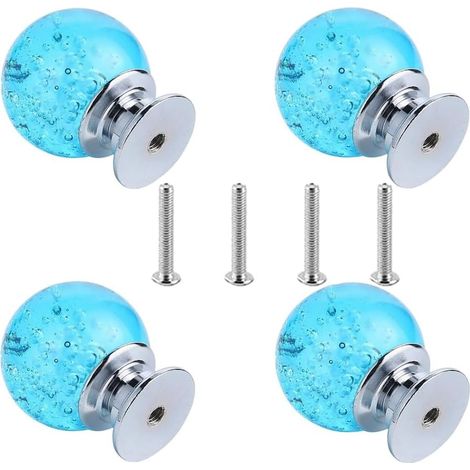 4 poignées en cristal bulles, boutons de tiroir verre clair, alliage zinc, un trou, bleu lac. (1/5)