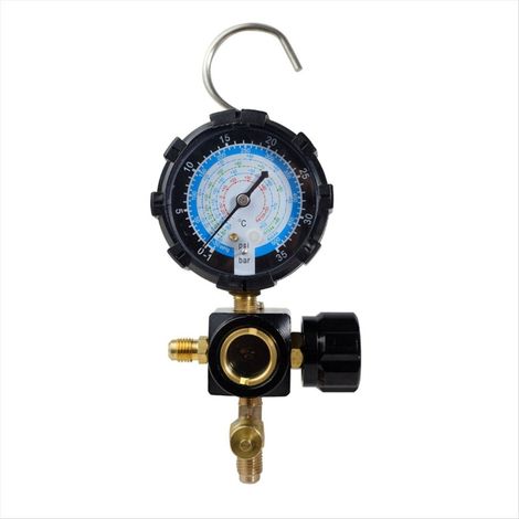 Manómetro de baja presión apto para refrigerantes R410A, R22 y R404A colector simple con válvula reguladora para la carga de refrigerante del aire acondicionado.
