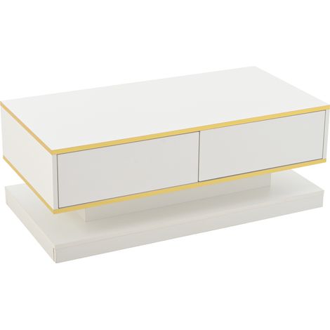 Table basse laquée blanche chaude 100x50x38 cm avec 2 grands tiroirs et bordure dorée (1/5)