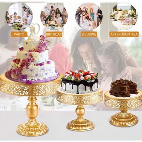 Présentoir à gâteaux doré 3 pièces en fer décoratif, réutilisable, détachable et stable, idéal pour les fêtes. (1/5)