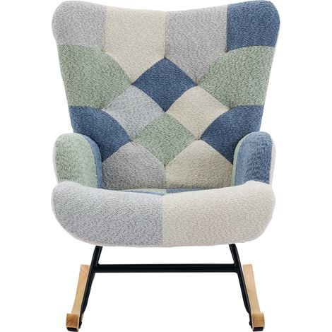 Fauteuil à bascule avec repose-pieds en tissu beige et bleu, structure bois et mousse, design moderne (1/5)