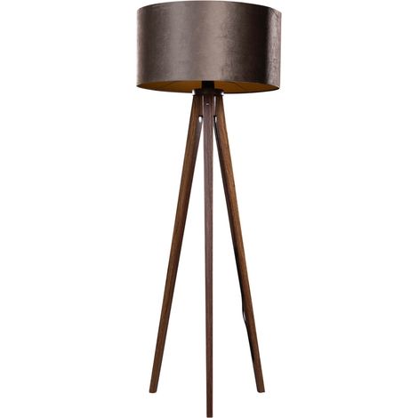 Tripod Floor Lamp Walnut Wood with Brown Velvet Shade 50cm - Tripod Classic