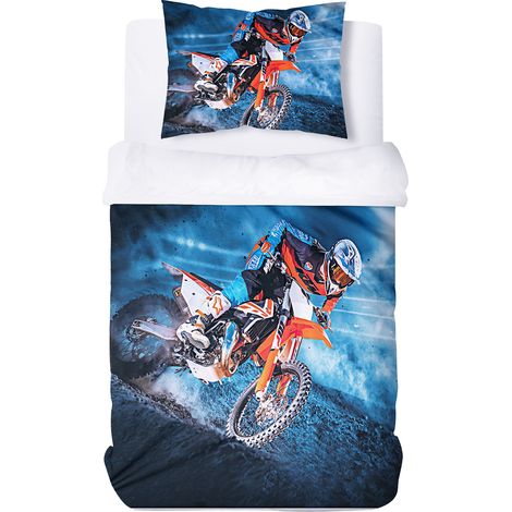 Housse de Couette Moto 140x200 cm pour Enfant avec 1 Taie d'Oreiller 50x75 cm, Parure de Lit Imprimée Sport Extrême Moto