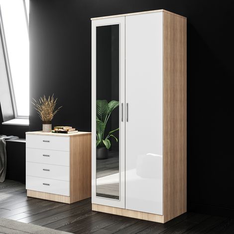 ELEGANT White/Oak Modern High Gloss Soft Close 2 Doors Wardrobe with Mirror and Metal Handles Includes a removable hanging rod and storage shelves (1/5)