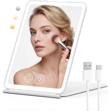 Miroir Maquillage Lumineux avec 72 LED, 1500mAh luminosité Ajustable,3 Modes d'éclairage, Miroir de Maquillage Pliable et Portable, idéal pour Les Voyages et la Chambre. (1/5)