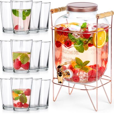 Distributeur de boissons avec robinet - 5,5 litres - 12 verres 200 ml - Support doré - Accessoires de fete (1/5)