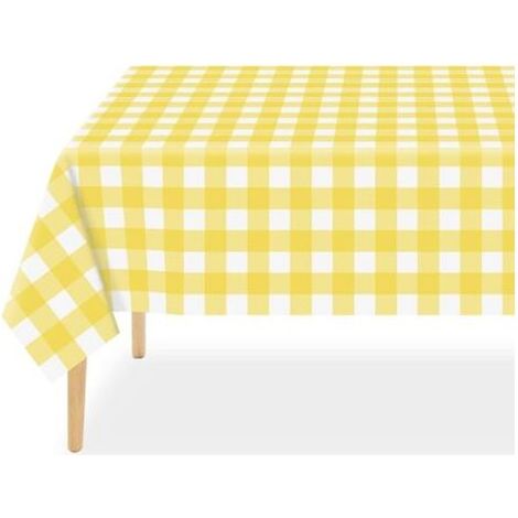 Set mit 3 gelb-weiß karierten, wasserdichten Einweg-Tischdecken aus Kunststoff für Picknicks, Geburtstage, Partys, Babypartys (137 x 274 cm) (1/5)