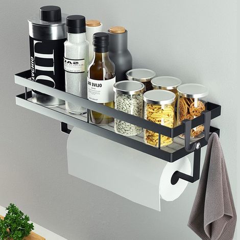 1 - Étagère à épices - Porte-rouleau - Mural sans perçage avec 4 crochets pour cuisine et salle de bain Noir 35x12x5,7cm