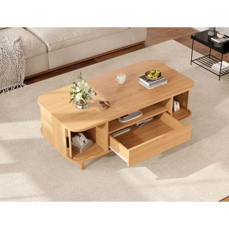 Mesa de centro 100x50x35 cm de MDF natural, 2 puertas y cajón – MEUBLIV (1/5)