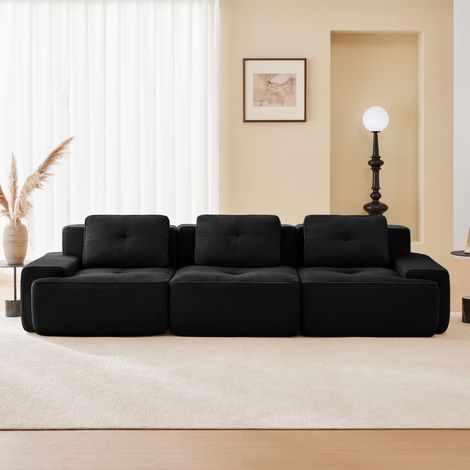Modulares 3-Sitzer-Sofa aus Cord, 32D-Elastik, ergonomisch geformt, extra tiefe Sitze, rahmenlos, 293 x 104 x 69 cm, schwarz