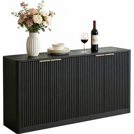 ELVMI Credenza con 4 Ante e Vani Chiusi, Pannelli Ondulati, per Soggiorno, in MDF, 150 x 40 x 70.5 cm, Nero (1/5)