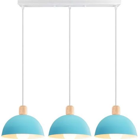 Suspension Luminaire Moderne 20cm Lustre Rétro Style Scandinave E27 Éclairage de Plafond Abat-jour en Bois Métal(Barre, Bleu) (1/5)