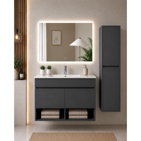 Meuble de salle de bain suspendu avec vasque extra-plat ORIGENBATH NEBARI avec portes sans miroir 60x45 cm graphite avec colonne (1/5)