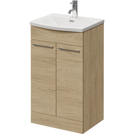 Napoli 390 Light Oak 500mm 2 Door Vanity Unit with Arc Basin - 500mm - Chrome 160mm Handle