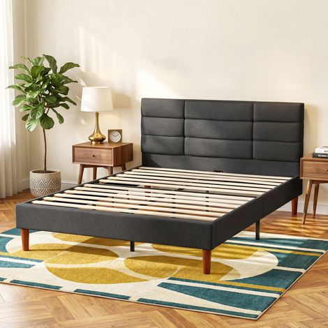 Cadre de Lit 140 x 200 cm avec Sommier Bois, Lit Double Rembourré en Effet Lin, Rangement au-dessous, Sans Bruit, Gris (1/5)