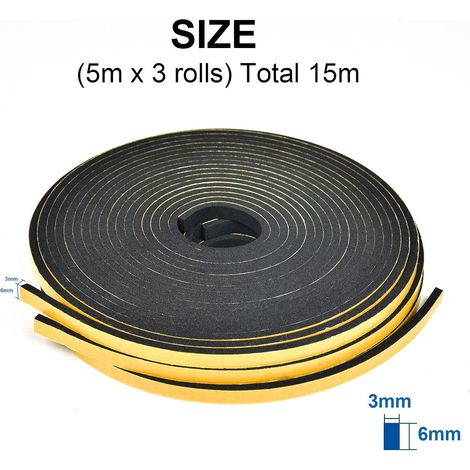 Guarnizione per finestre, guarnizione adesiva in schiuma per porte, 3 rotoli, 6 mm x 3 mm x 5 m, guarnizione in gomma multifunzione, antiurto, isolamento acustico, protezione per mobili e condizionato (1/4)