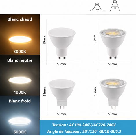 Ampoule Spot LED GU10 6W 220V Blanc Chaud 38° Plastique Aluminium gu10 blanc chaud 38 5 × 5 × 6 cm 17 g – Livraison gratuite (1/5)