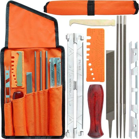 Kit de 10 limas para afilar motosierras - Kit de limas para afilar cadenas de motosierra - Contiene lima redonda - Guía de afilado - Medidor de profundidad - Lima plana - Bolsa de transporte