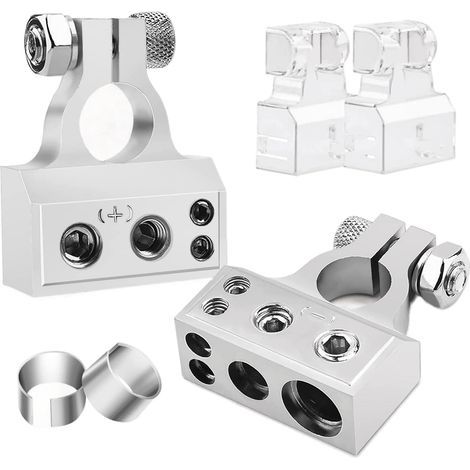 Battery terminal set with 2 transparent covers and gaskets for car radio renovation, silver (1/5)
