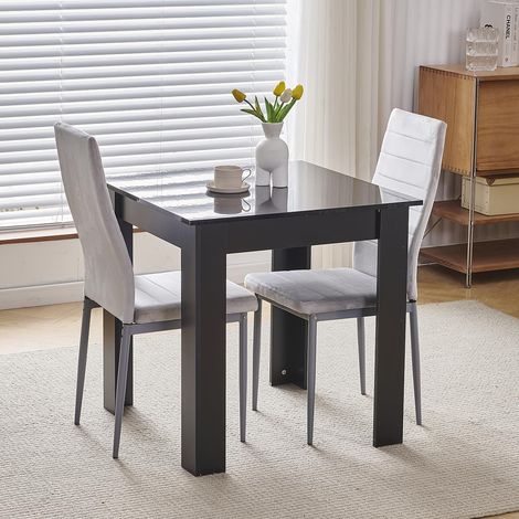 75x75cm Square Dining Table and Chairs Set, Small Dining Room Set High Gloss Dining Table with Chairs Home Furniture (Grey Flannel, Black Table with 2 Chairs)