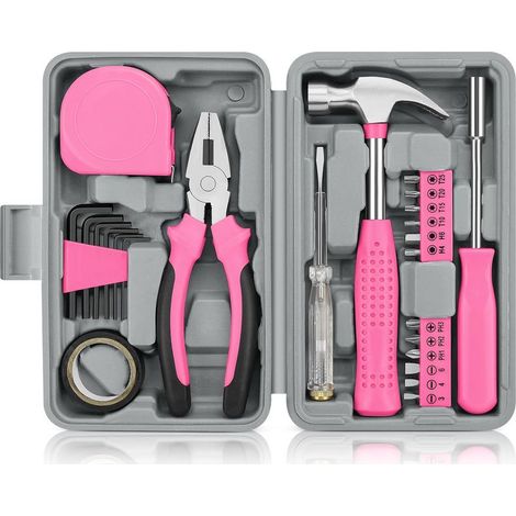 Kit 24 pièces outils multifonctions – Outils à main DIY pour réparation – Maison, bureau et garage – Coffret avec boîte de rangement,Rose (1/5)