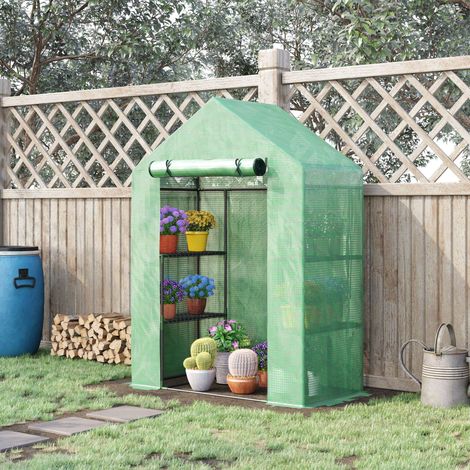 Serra da giardino Outsunny 141x72x191 cm, vivaio domestico con 4 ripiani, porta avvolgibile, copertura in PE da 140 g/m² e struttura in acciaio per la coltivazione di piante, vasi e fiori (verde)