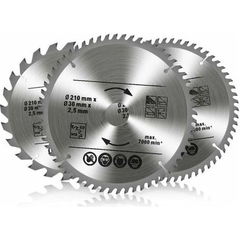 Set di 3 lame per sega circolare in carburo di tungsteno, 24T 48T 60T TCT Sah per legno metallo e alluminio (210 x 30 mm) (1/5)