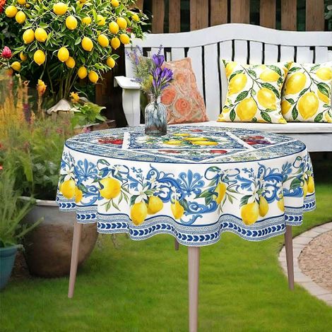 Nappe ronde délicate bleue et blanche à motif citron, 1 pièce, thème solstice d'été, nappe légère pour repas entre amis. (1/4)