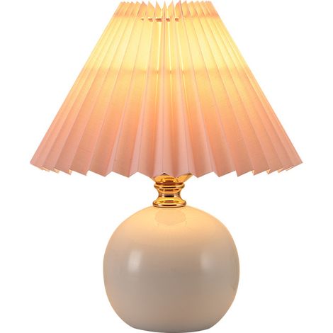 Nordische Nachttischlampe, kleine Tischlampe, warmes Licht, E27, plissierter Stofflampenschirm, Keramiksockel, weiße Keramik + rosa Lampenschirm