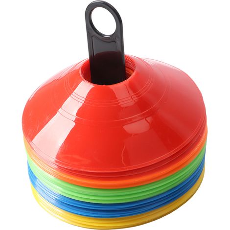 Lot de 50 cônes de football d'agilité de différentes couleurs, avec marqueurs, sac de transport et support pour l'entraînement sportif (1/5)