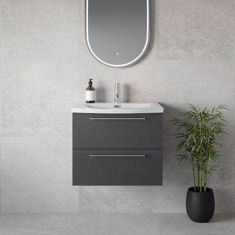 Napoli 390 Gloss Grey 600mm Wall Mounted 2 Drawer Vanity Unit with Arc Basin - 600mm - Chrome 320mm Handle