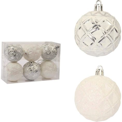 Set di 6 palline di plastica bianca con motivo a rombi in rilievo - 3 placcate in argento, 3 glitterate, diametro 6 cm (1/4)