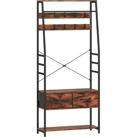 Garde-robe d'entrée avec banc à chaussures, 10 crochets, 2 tiroirs en tissu, barre de penderie, structure métal, bois brun  CHICFURN (1/5)