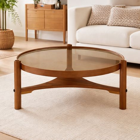 Table basse ronde 100x100x46 cm en verre fumé ambré et bois noyer (1/4)