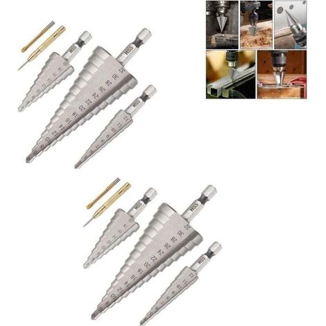 Brocas escalonadas para metal (3 unidades), avellanador triangular cónico de titanio HSS de 4 12/20/32 mm, vástago hexagonal para acero, madera, latón, aluminio y PVC. Incluye punzón central y broca h (1/4)