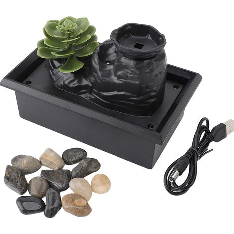 Fontaine de table cascade avec lumières LED jaunes, plantes succulentes simulées, eau en circulation, fontaine d'intérieur alimentée par USB avec pierres (1/5)