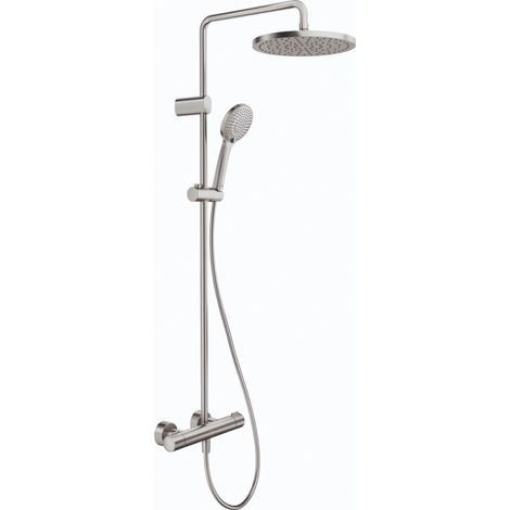 Duravit – Colonne de douche thermostatique inox brossé – Douchette 3 jets – Butée de sécurité à 38°C – Entretien facile des picots en silicone