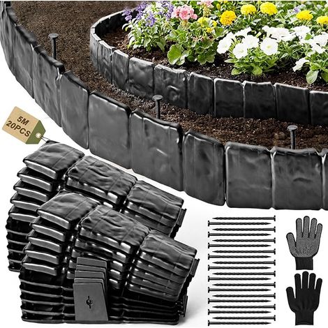 Bordure Jardin Exterieur, Bordure Jardin Flexible Plastique, Bordure Gazon Clôture Effet Pierre Bord Pelouse, Épaissi Bordures Pelouse, 5 M (Haut:10 cm) (Noir) (1/5)